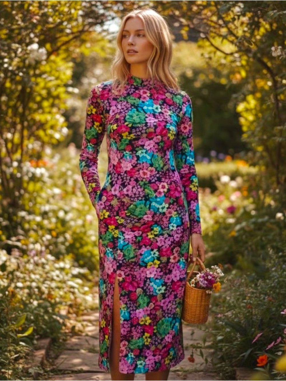 FUTURE COLLECTIVE Kahlana Barfield Brown Mock Neck Long Sleeve Floral Dress